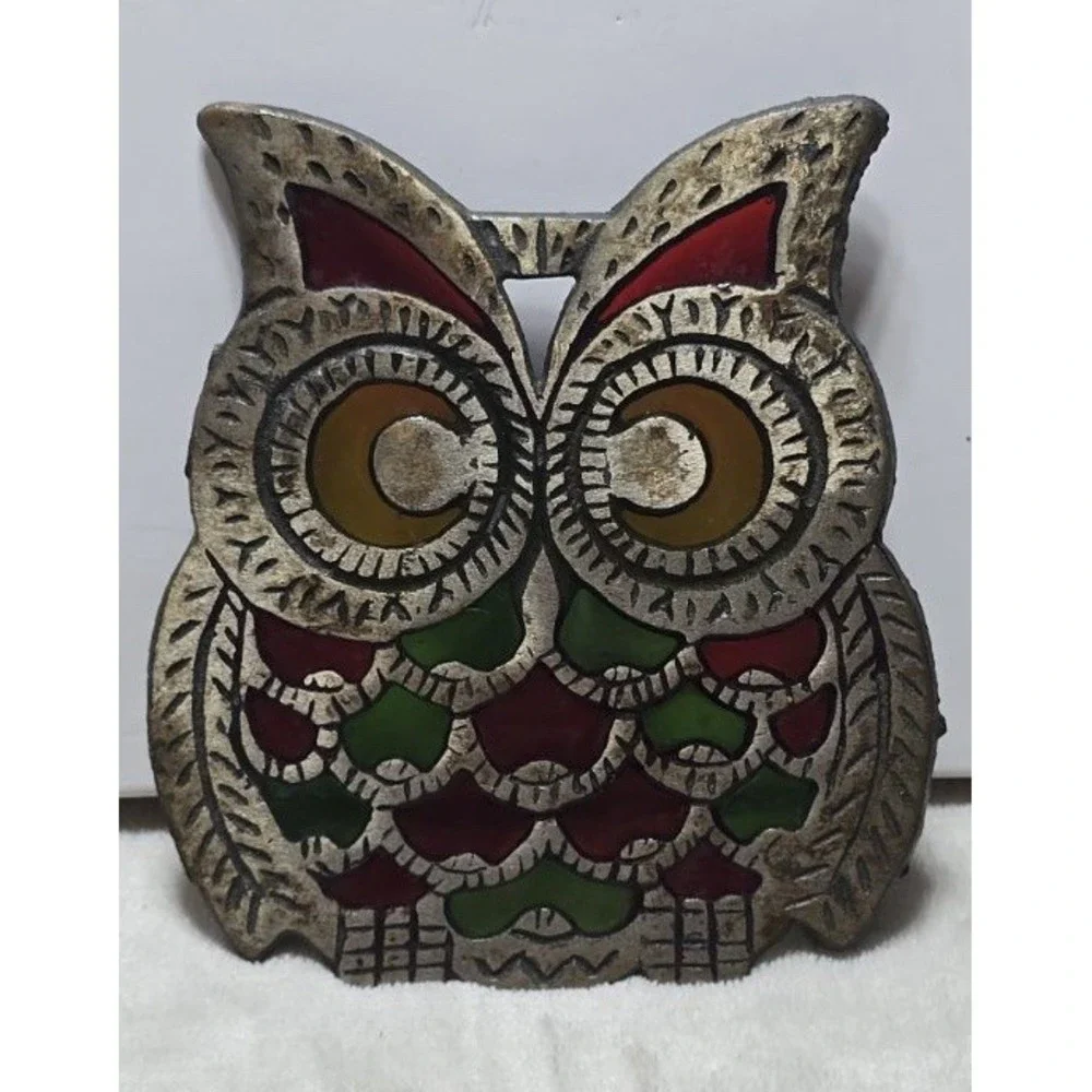 Vintage Owl Trivet Cast Metal Stained Glass Hot Plate Kitchen Pot Rest Taiwan